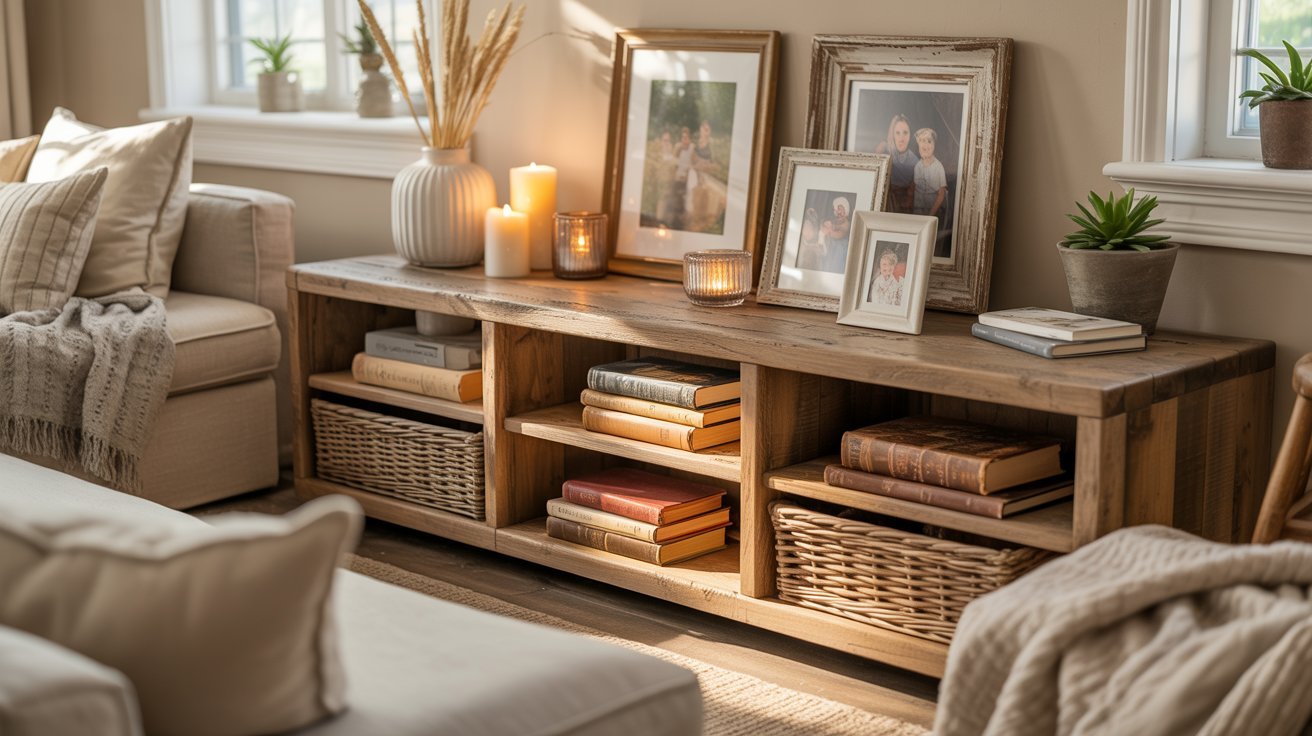 A cozy living room with a wooden shelf holding framed photos, candles, and books. Soft lighting and neutral tones create a warm, inviting atmosphere.