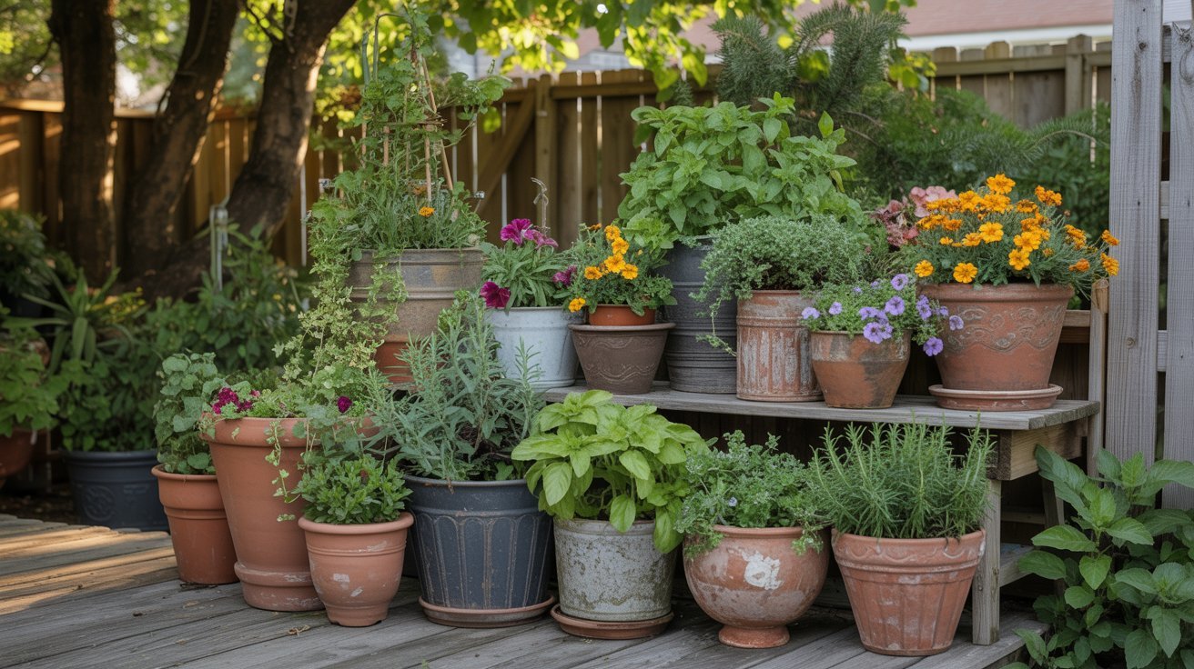 Potted plants with colorful flowers and lush foliage arranged on wooden steps in a garden, surrounded by trees and a wooden fence, convey a serene atmosphere.