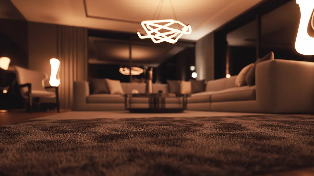 Modern living room with plush gray rug, two beige sofas, and abstract chandeliers. Warm, ambient lighting creates a cozy, inviting atmosphere.