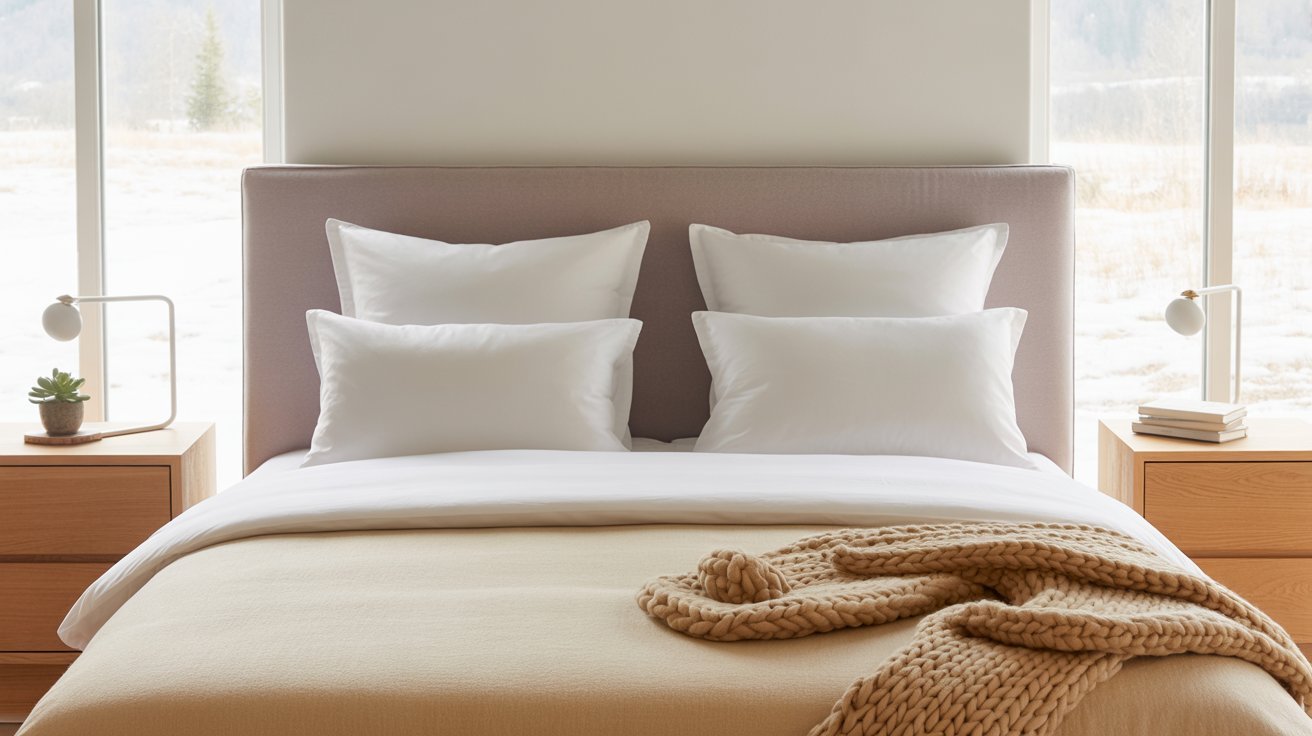 A cozy bedroom features a neatly made bed with white pillows and a beige knit blanket. Wooden nightstands hold a small plant and books, set against large windows showing a serene, snowy landscape.