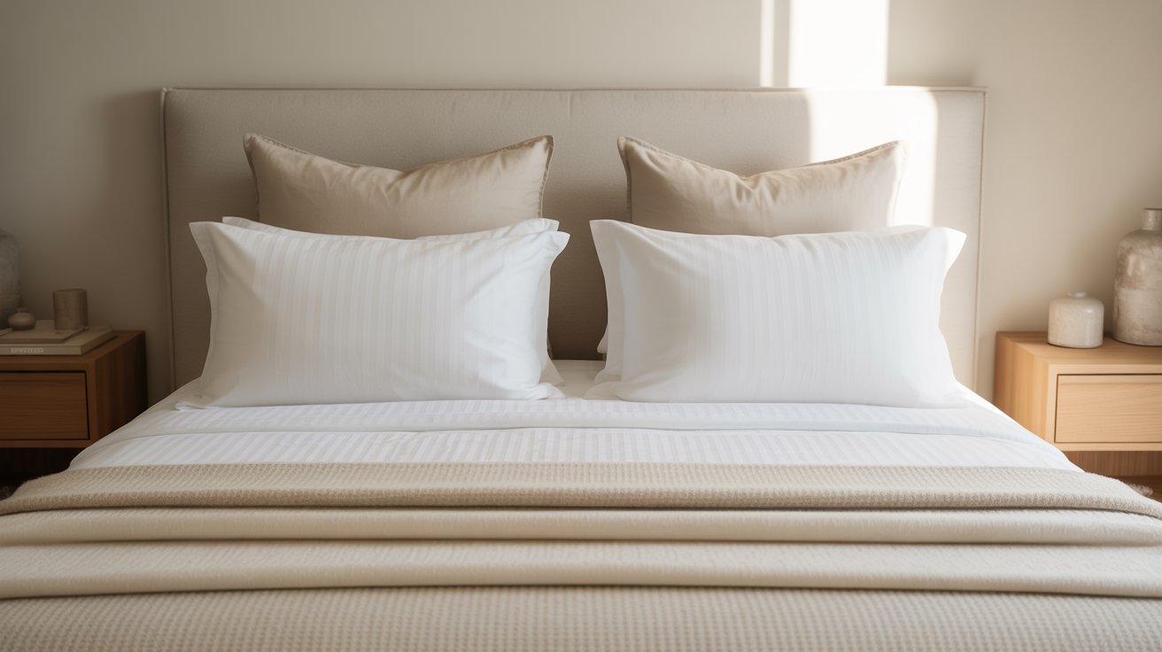 A neatly made bed with two white pillows and beige throws, flanked by wooden nightstands. Soft natural light creates a calm, inviting mood.