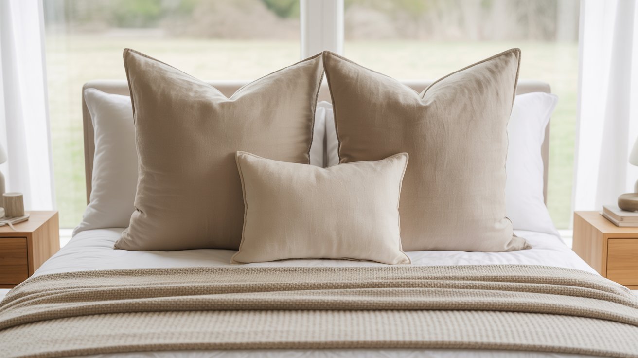 A neatly made bed with three beige pillows and a beige striped blanket, flanked by wooden nightstands. A peaceful, minimalist bedroom scene.