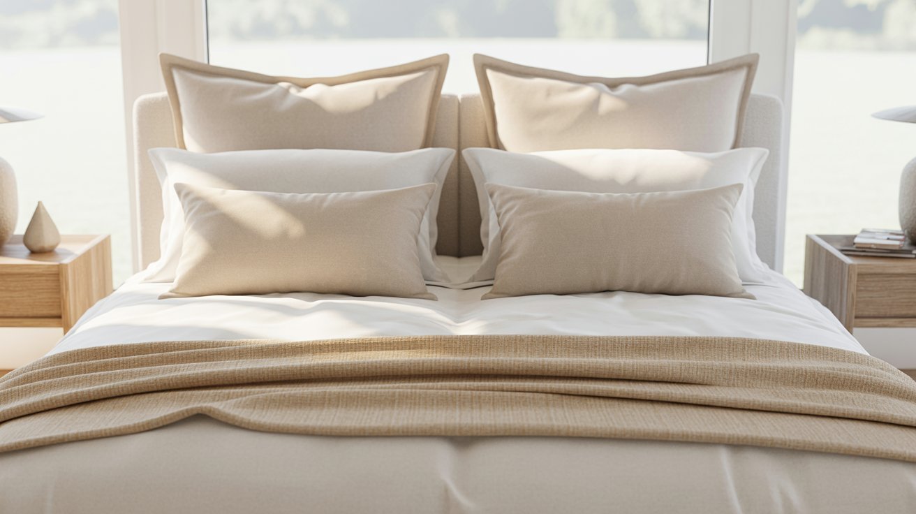 A neatly made bed with cream-colored pillows and a matching comforter in a well-lit room. Soft tones create a calm and cozy atmosphere.