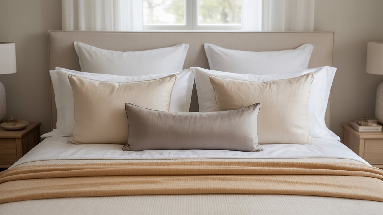 A neatly made bed with elegant white and beige pillows, beige throw blanket, and soft lighting, creating a cozy and serene bedroom ambiance.