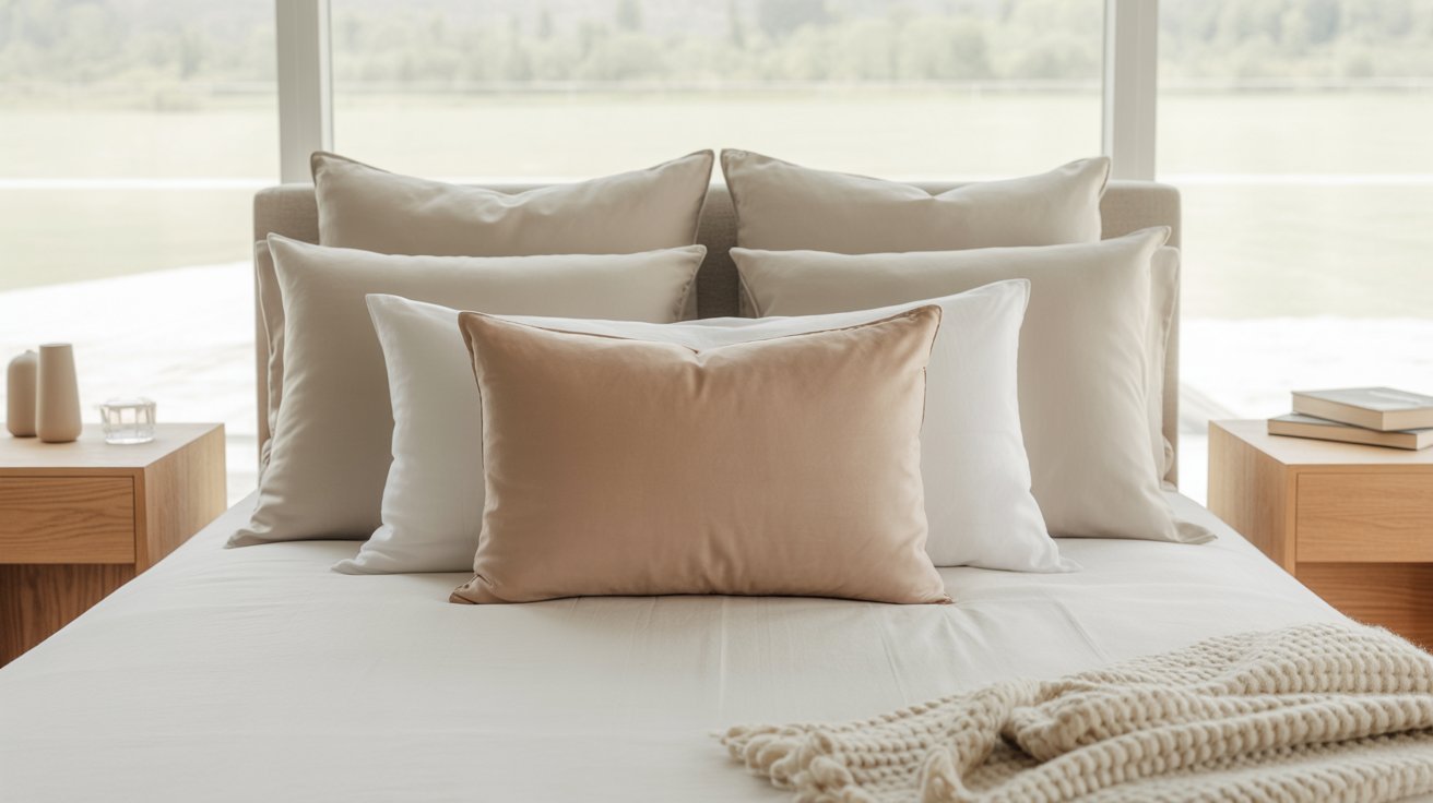 A neatly made bed with beige and white pillows, a knitted throw blanket, and wooden nightstands. Soft natural light streams in from large windows.