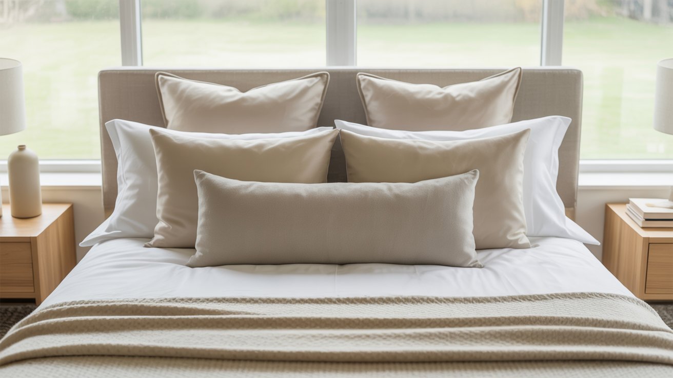 A neatly made bed with beige pillows and a matching throw, set against a large window. Soft lighting creates a calm and inviting ambiance.