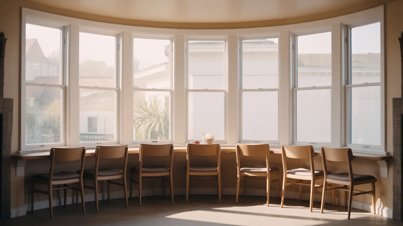 A room featuring a table and chairs positioned in front of a large window, allowing natural light to enter.
