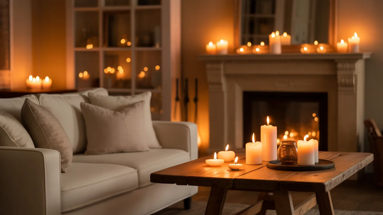 A cozy living room features a beige sofa, a wooden coffee table with lit candles, and a warmly glowing fireplace, creating a relaxing ambiance.