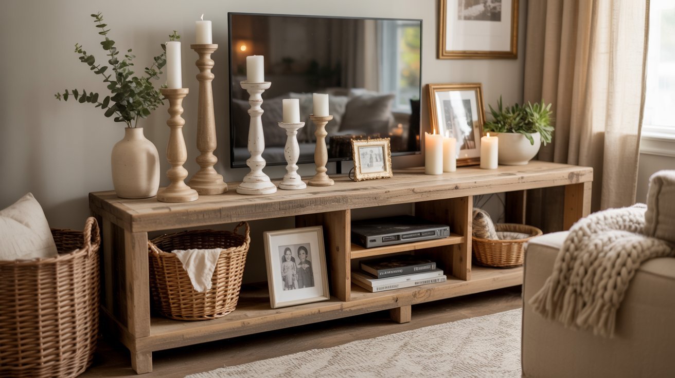 Cozy living room with a rustic wooden TV stand adorned with tall candlesticks, framed photos, books, and a plant. A basket and couch add warmth.
