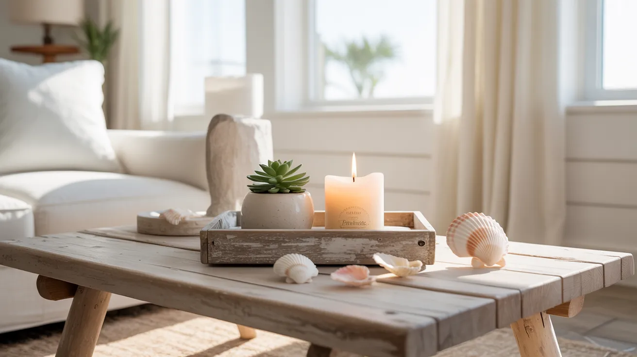Cozy, sunlit living room with a rustic wooden table featuring a lit candle, a small succulent, and seashells, evoking a tranquil beach vibe.