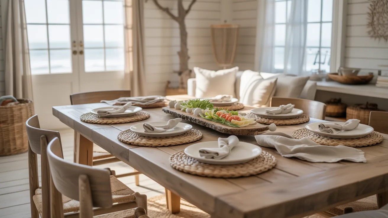 A sunlit dining room with a rustic wooden table set for eight, featuring woven placemats, elegant white plates, and neatly folded napkins. The centerpiece is adorned with fresh vegetables. The atmosphere is cozy and inviting.