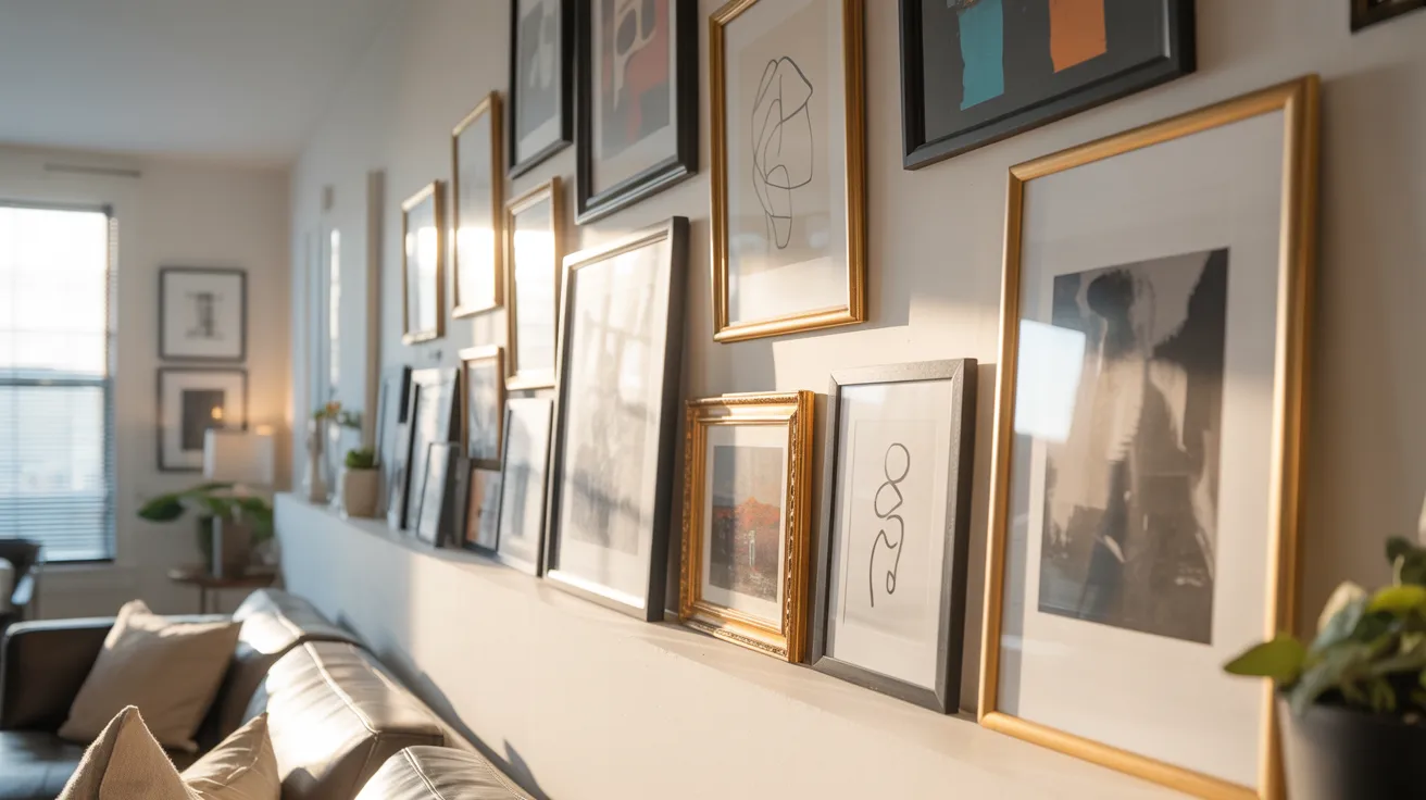 A sunlit living room features a gallery wall of framed abstract art and photographs. Soft light creates a cozy ambiance over a neutral sofa and decor.