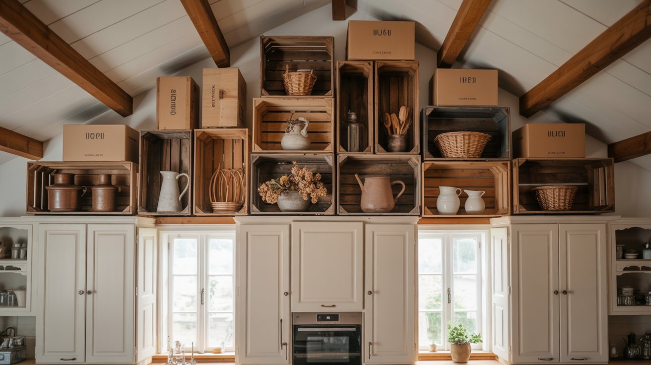 A kitchen featuring wooden crates and decorative vases suspended from the ceiling, creating a rustic ambiance.