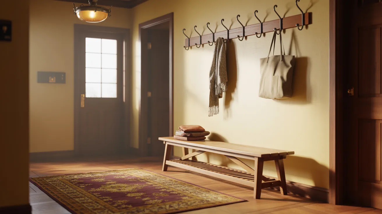 Warmly lit entryway with a wooden bench, a patterned rug, and a coatrack holding a scarf and bag. The back door's glass lets in soft light.