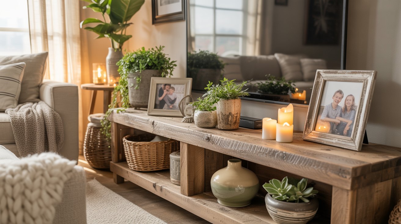 Cozy living room with a rustic wooden TV stand adorned with framed photos, green plants, lit candles, and woven baskets, radiating warmth and comfort.