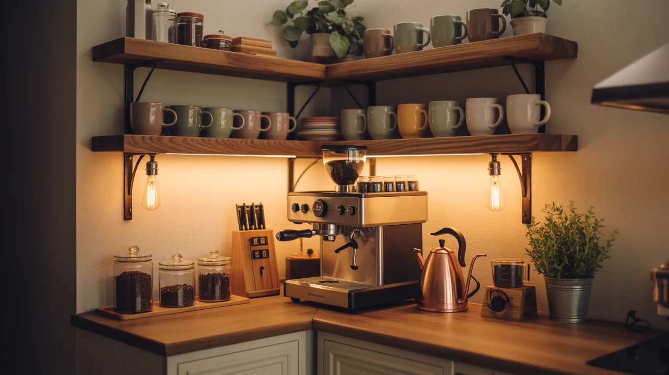Cozy kitchen corner with warm lighting, featuring a coffee machine, jars of beans, a copper kettle, and mugs on shelves, evoking a welcoming ambiance.