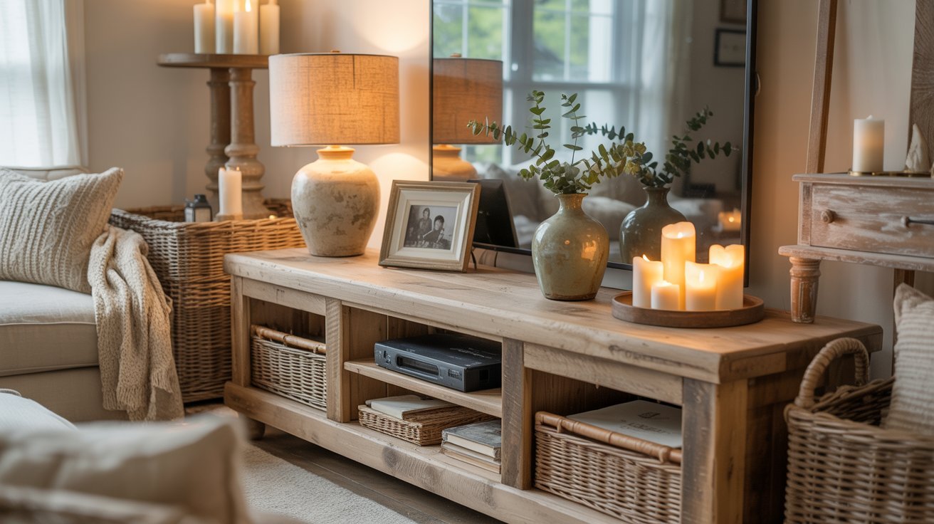 Cozy living room with soft lighting, featuring a wooden sideboard, baskets, a lamp, candles, and a small vase with leaves. Warm, inviting atmosphere.