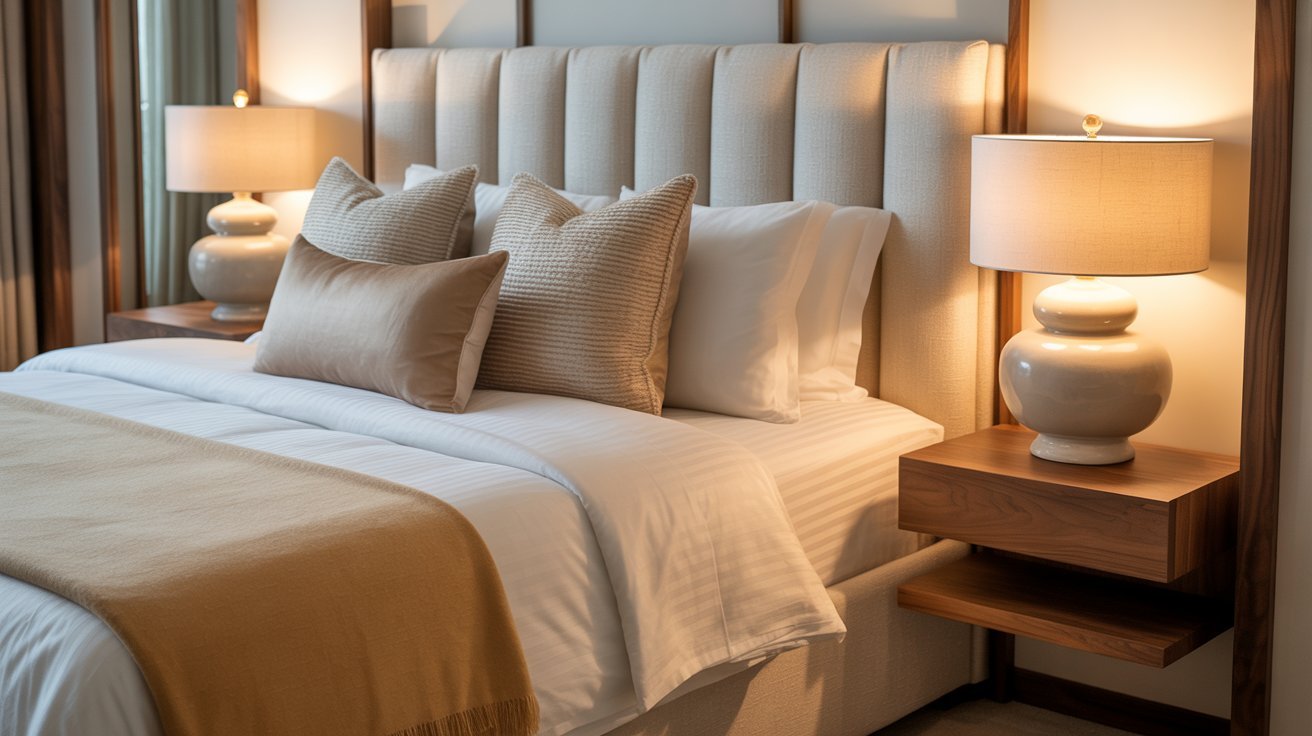 A cozy bedroom features a plush, tufted headboard, layered pillows, and a beige blanket. Warm table lamps on wooden nightstands create a serene ambiance.