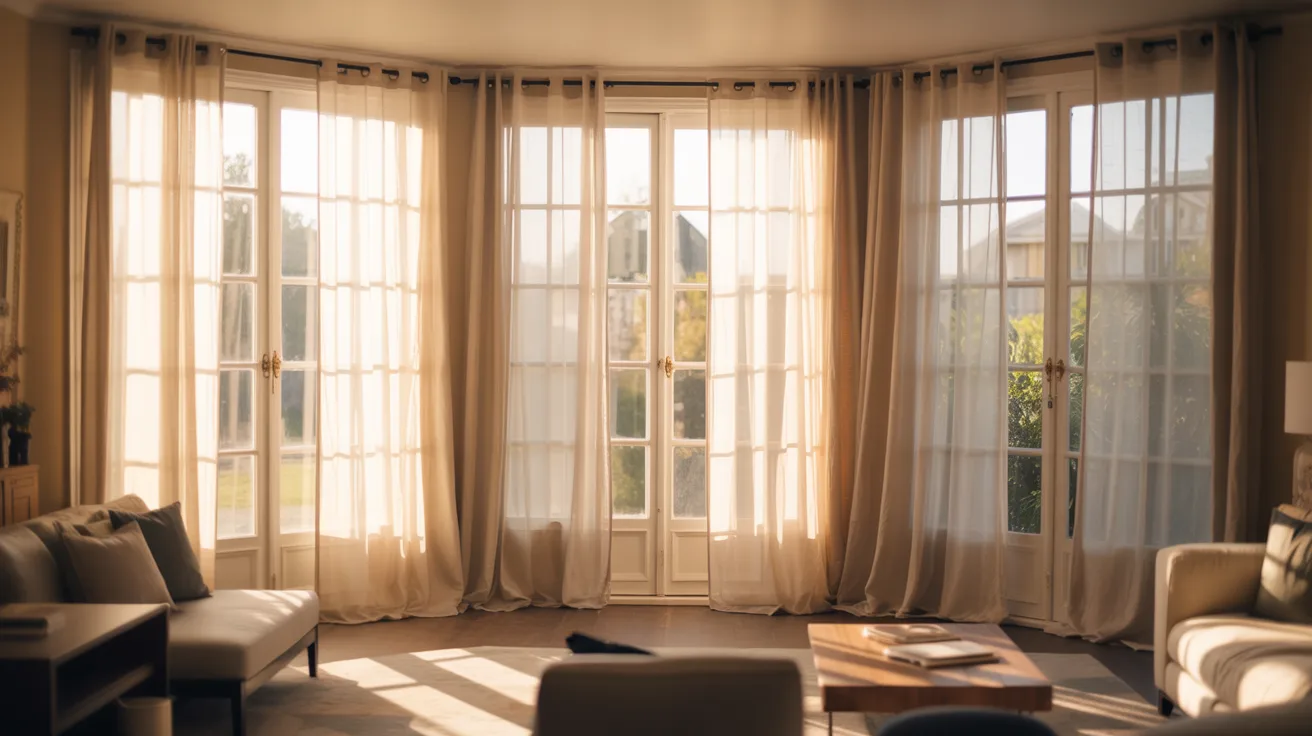 A cozy living room featuring a large bay window adorned with elegant curtains.

