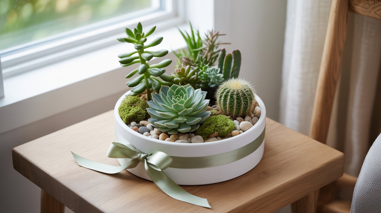 A decorative white bowl with a green ribbon holds various succulents and cacti, resting on a wooden table by a window, creating a calming, fresh ambiance.