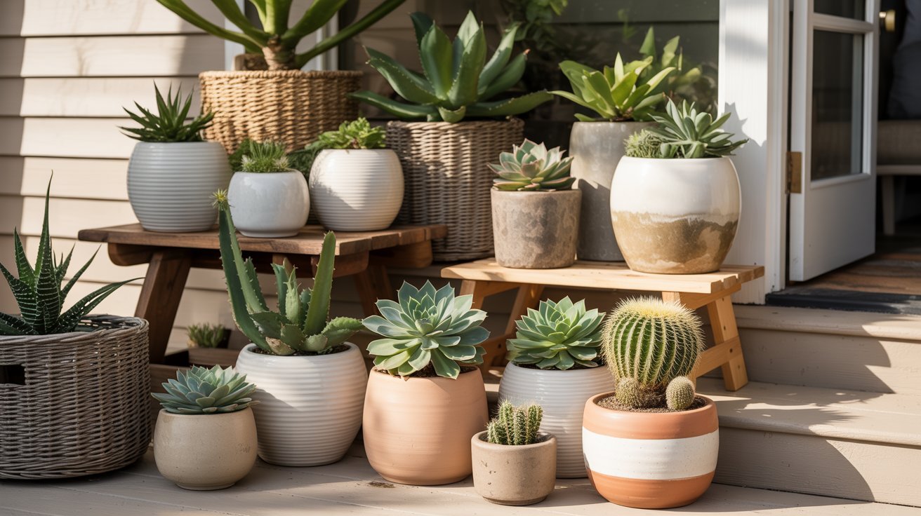 A collection of various potted succulents and cacti on wooden steps, bathed in warm sunlight. The pots are in earthy tones, creating a serene, natural atmosphere.