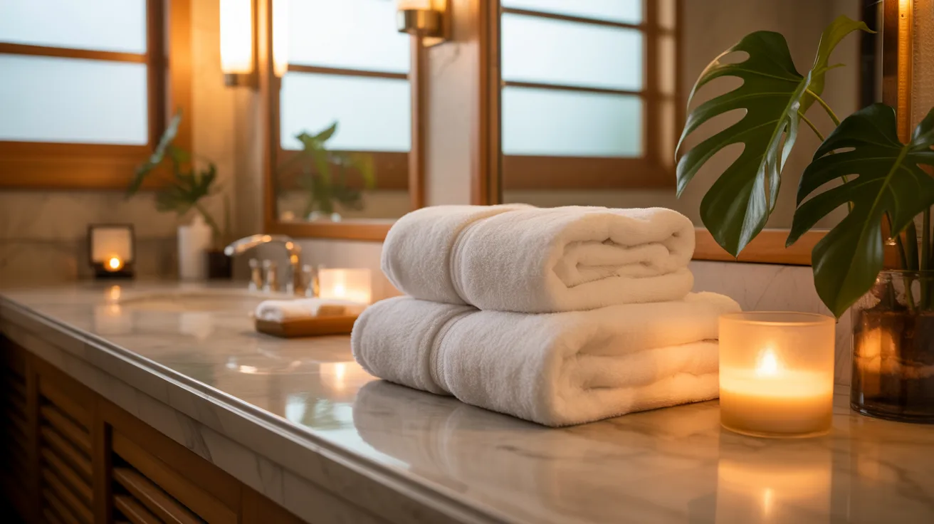 A serene bathroom with a marble countertop, neatly stacked white towels, lit candles, and potted plants, creating a calming and spa-like ambiance.