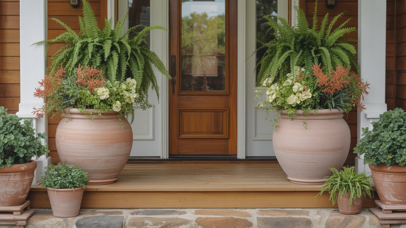 Front porch with two large terracotta pots flanking the door, lush with ferns, greenery, and orange flowers. Smaller pots with green plants on either side.