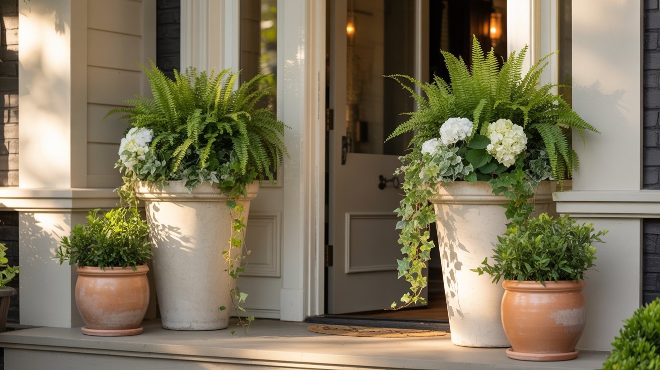 Two large white pots with lush ferns, white hydrangeas, and cascading ivy flank an open front door. Two smaller terracotta pots with greenery sit nearby.