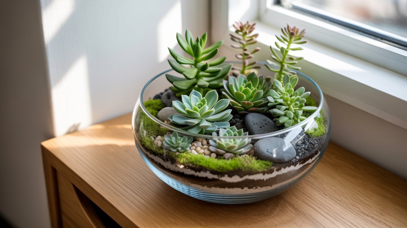 A glass bowl terrarium with diverse succulents and pebbles sits by a sunlit window on a wooden surface, creating a serene and refreshing atmosphere.