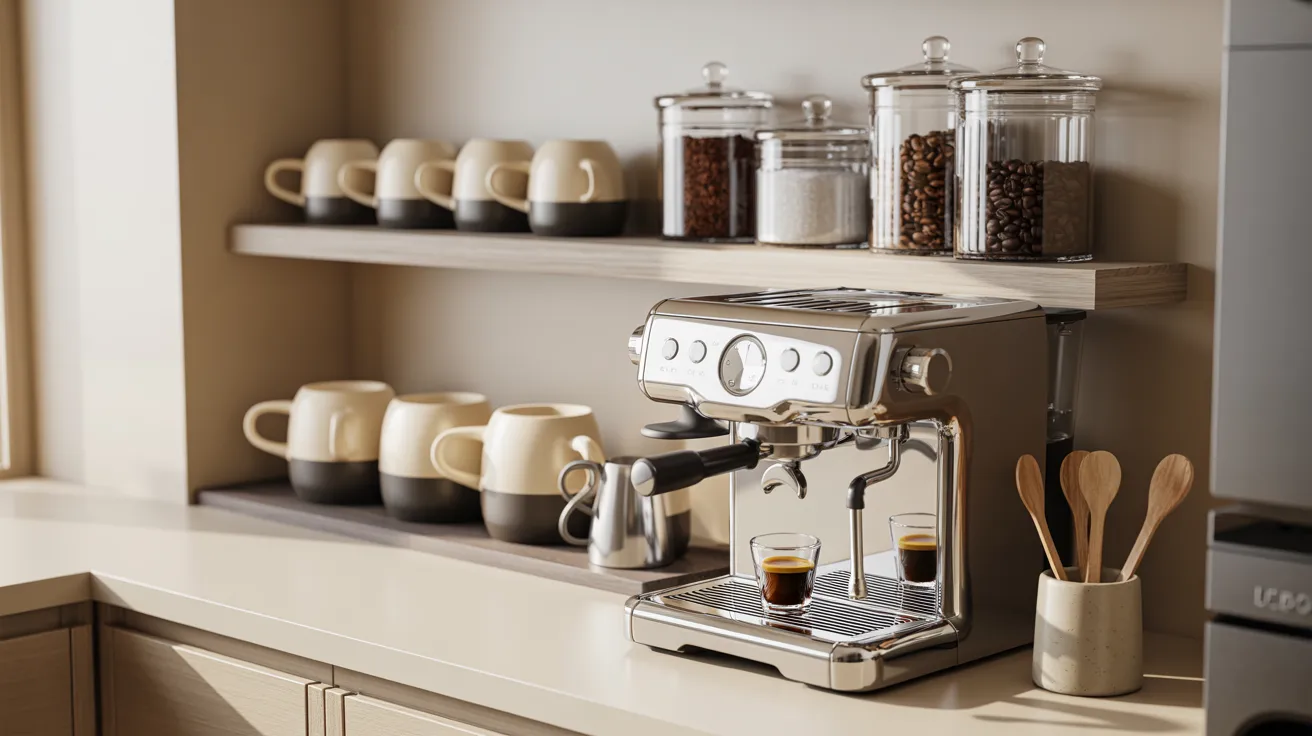 A shiny espresso machine on a counter brews two shots of espresso. Shelves above hold mugs and jars of coffee beans, sugar, and flour, creating a cozy café vibe.