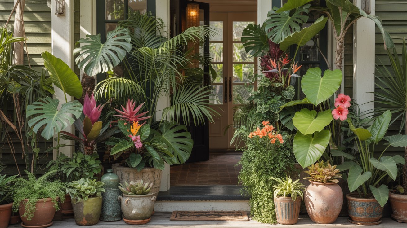 Lush greenery and vibrant flowers adorn a home's entrance, including monstera and palm leaves, pink and orange blooms, creating a lively, tropical vibe.