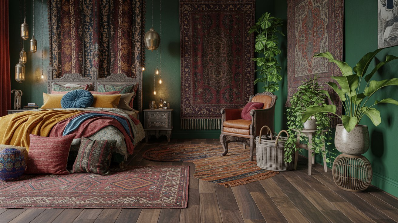 A cozy bedroom with bohemian decor features a colorful, patterned bed, vibrant cushions, hanging lights, green plants, and ornate rugs on dark wood floors.