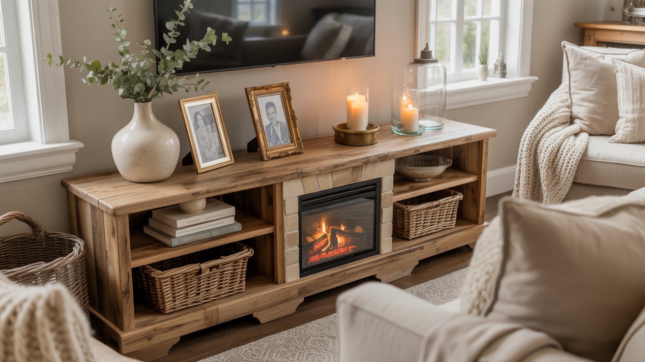 A cozy living room scene with a wooden TV stand featuring framed photos, glowing candles, and a small electric fireplace. Cushioned sofas create a warm atmosphere.