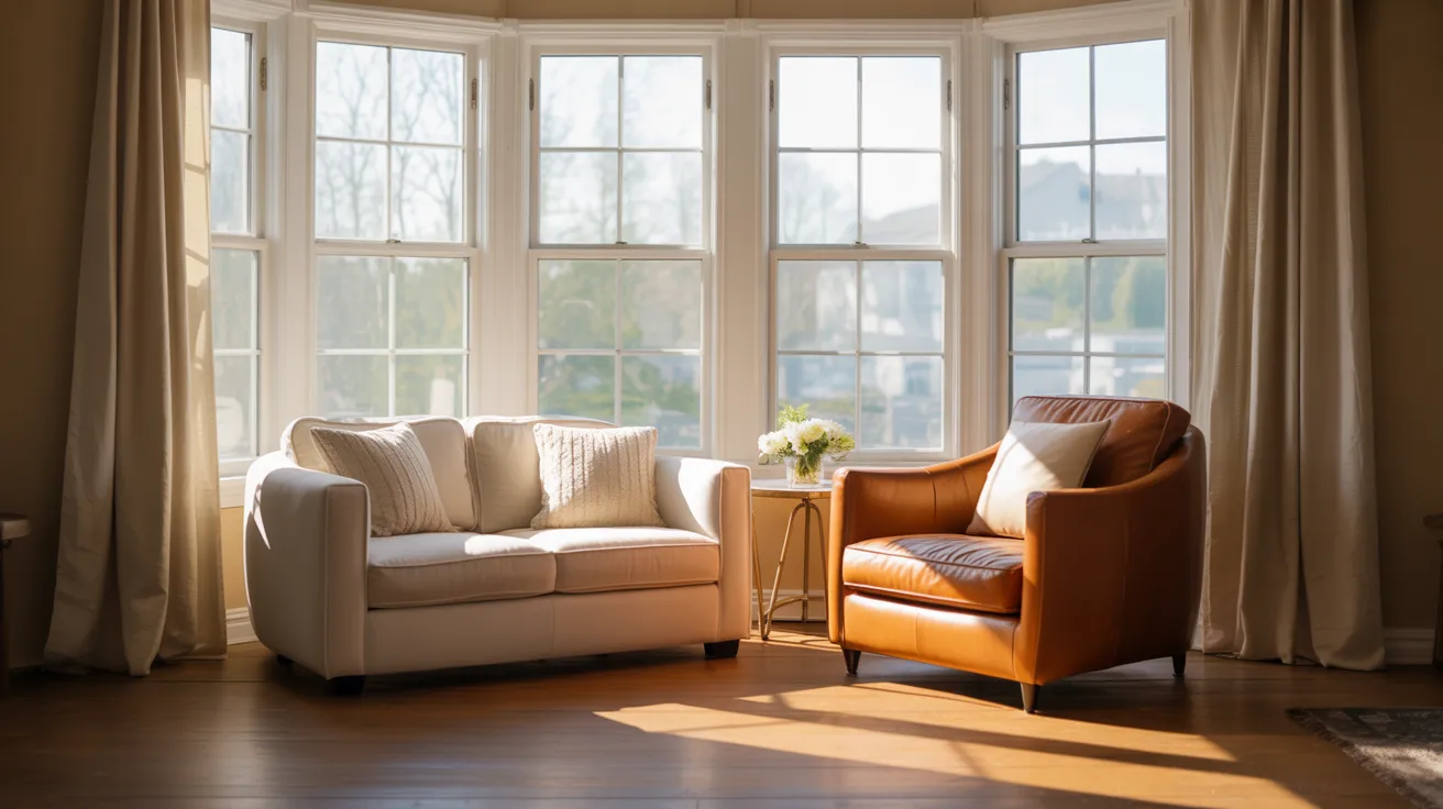 A sunlit room features a white sofa and brown leather chair near large windows. Soft curtains and a small table with flowers create a cozy, inviting atmosphere.