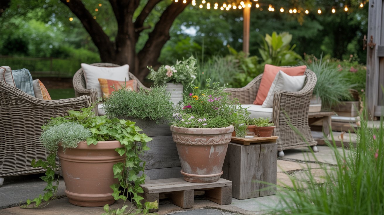 A serene patio with wicker chairs and vibrant cushions, surrounded by lush potted plants. Twinkling string lights add a warm, inviting glow.