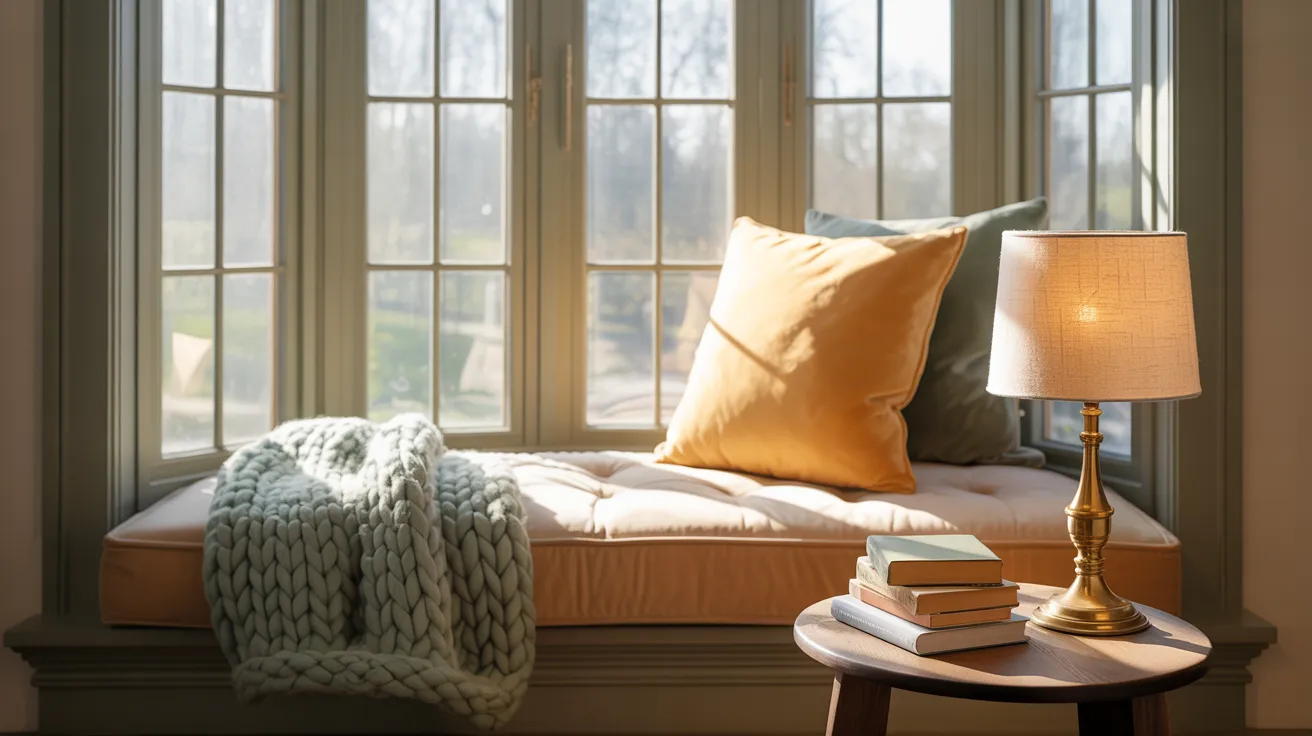 A cozy window seat featuring a soft pillow and a warm lamp, inviting relaxation and comfort.