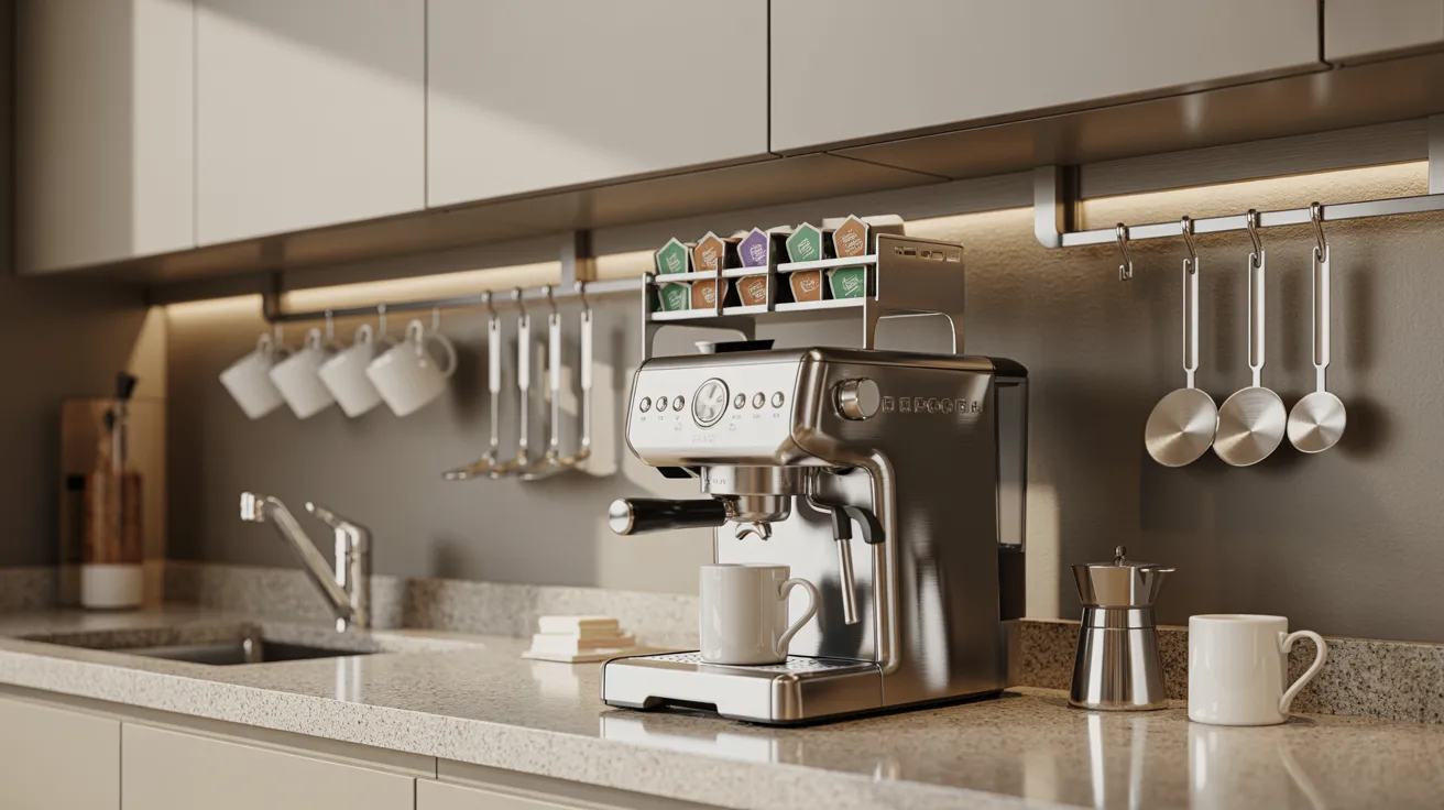 Modern kitchen counter with a sleek espresso machine brewing coffee into a white mug. Capsules, hanging mugs, and utensils add an organized feel.