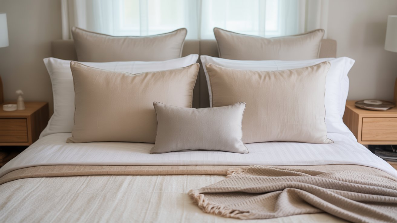 A neatly made bed with soft beige and white pillows, a taupe throw blanket, and wooden nightstands on each side. The room feels calm and inviting.