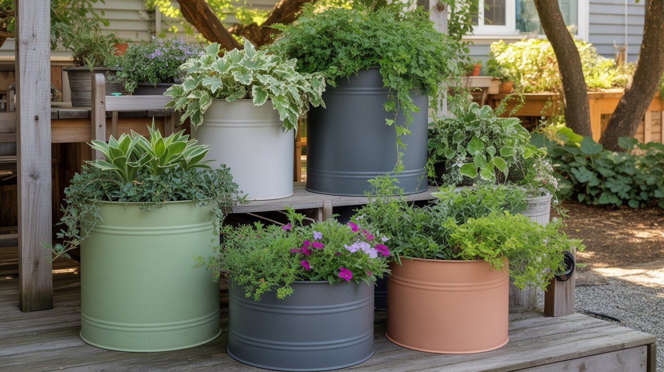 Colorful metal planters filled with diverse greenery and flowers are arranged on a wooden patio. The vibrant foliage creates a lively, serene garden scene.