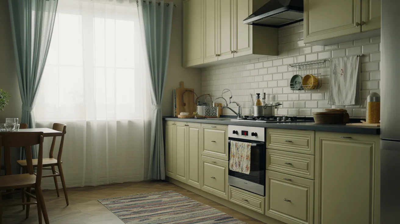 A kitchen featuring a stove, oven, and dining table, showcasing a functional cooking space.