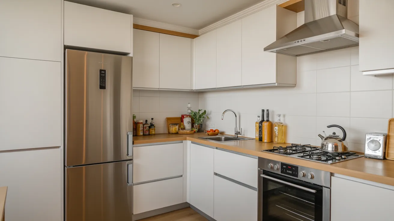 A modern kitchen featuring stainless steel appliances and elegant wooden cabinets.