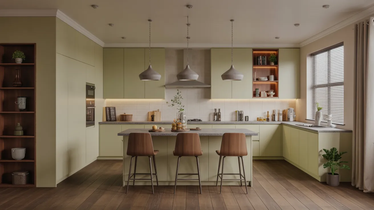 Modern kitchen with olive-green cabinets, pendant lights, and a large island with three brown chairs. Wooden shelves display decor. Sunlight filters through a window.