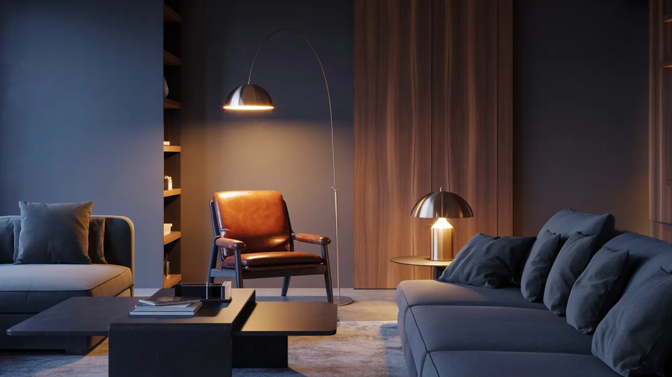 A modern living room featuring dark walls and matching furniture, creating a sleek and sophisticated atmosphere.