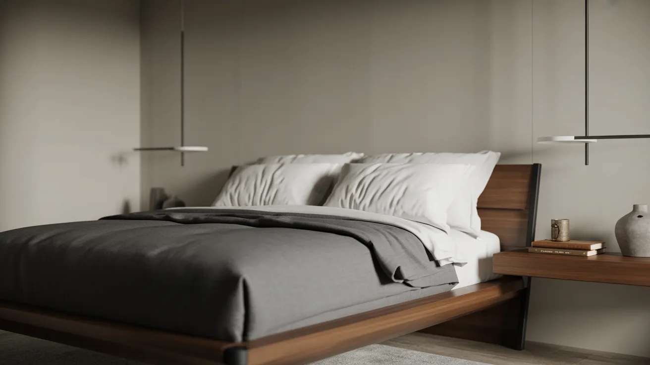 A modern bedroom with a minimalist design features a wooden bed, gray bedding, and white pillows. Suspended lights and a wooden side table add elegance and tranquility.