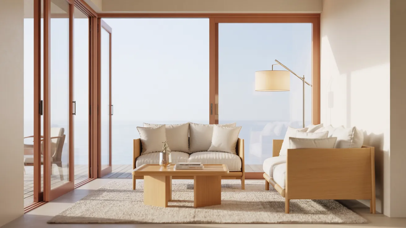 Modern living room with light wooden furniture, cream sofas, and a beige rug. Floor-to-ceiling windows reveal a serene ocean view, bathed in soft sunlight.