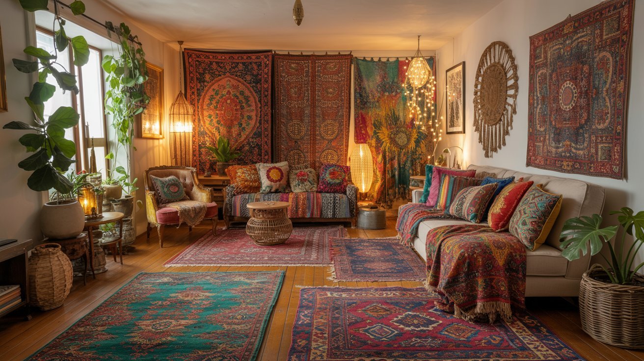 Bohemian living room with vibrant, patterned tapestries covering walls and sofas. Richly colored rugs adorn wooden floors. Plants and warm lighting create a cozy, eclectic vibe.