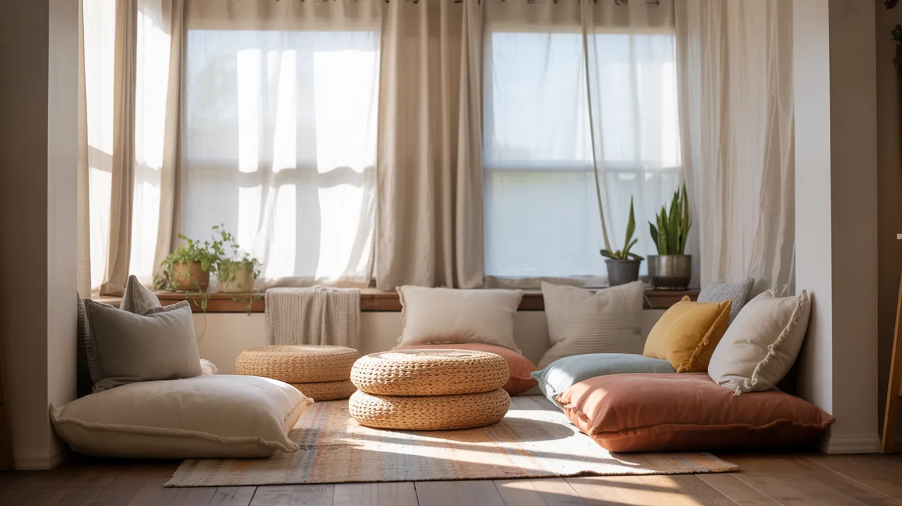 A cozy room featuring colorful pillows scattered on the floor and a large window letting in natural light.