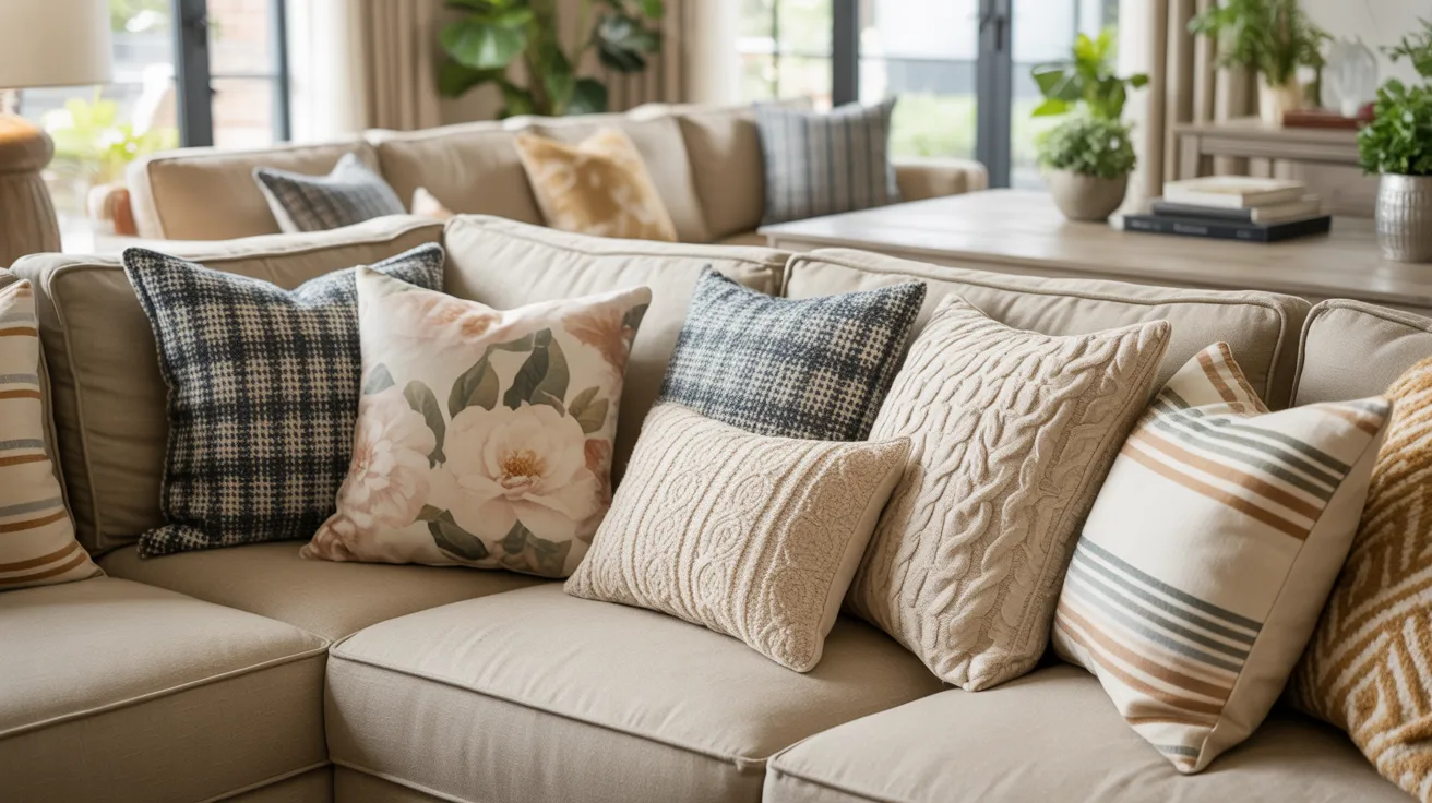 A cozy couch adorned with pillows, accompanied by a stylish coffee table in a well-decorated living room setting.