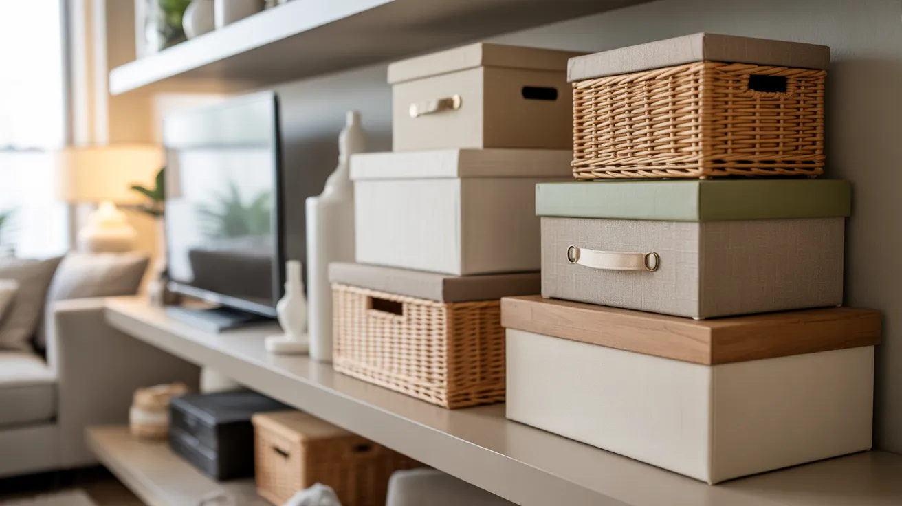 Shelves with neatly stacked storage boxes and decorative items in a cozy living room. Soft lighting and neutral tones create a calm ambiance.
