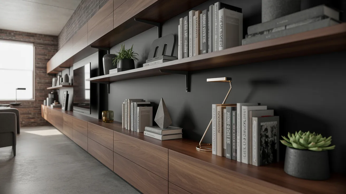 A modern living room featuring a cozy couch and stylish bookshelves filled with books.